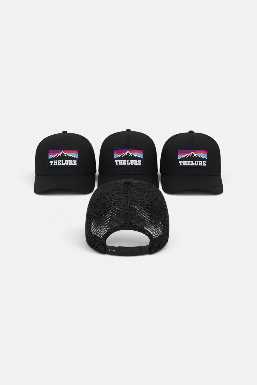 thelureclothing Blackfin Trucker Cap in Schwarz mit gewebtem Berg-Badge und atmungsaktivem Mesh-Rückenteil