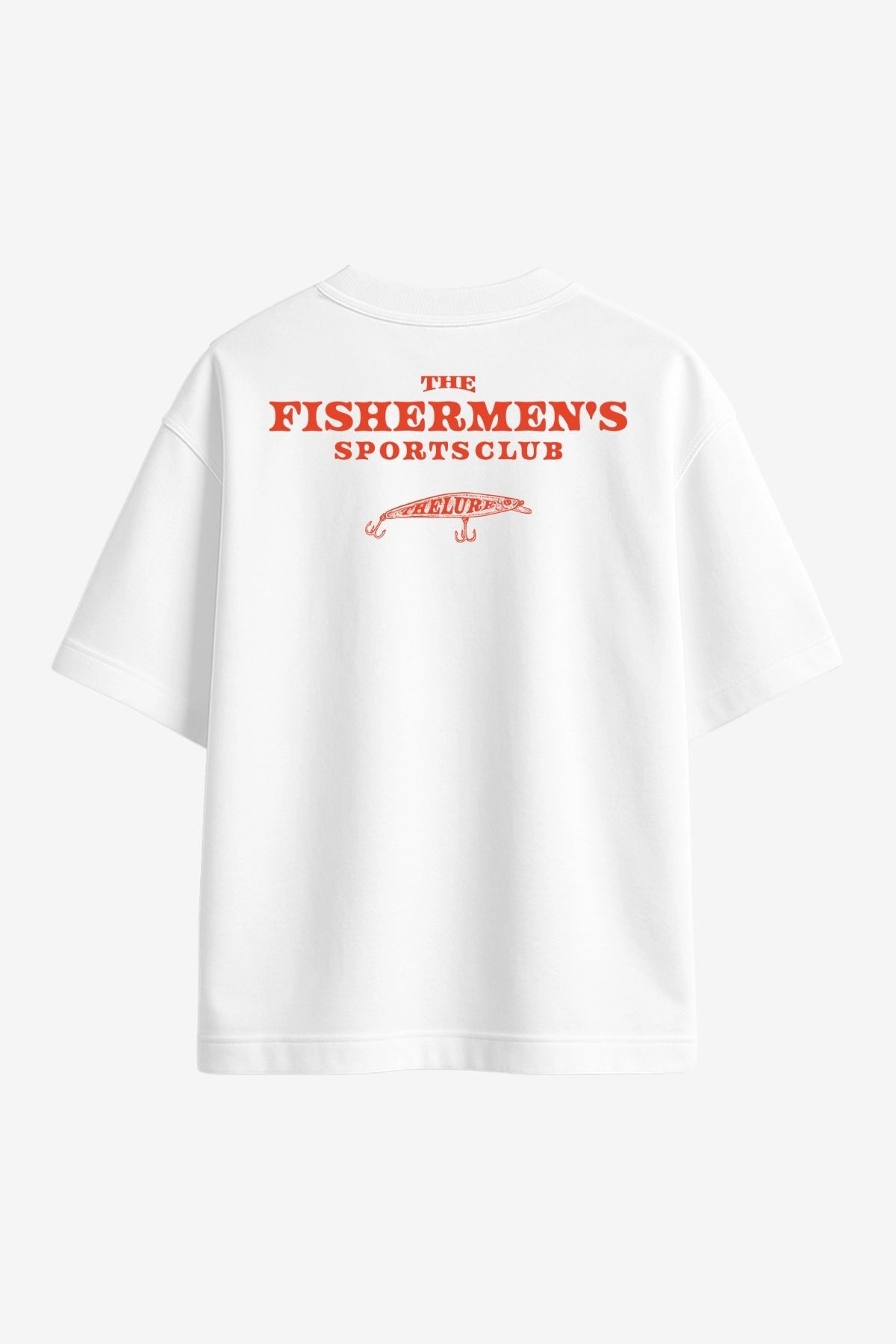 Rückansicht des weissen thelureclothing Urban Essential T-Shirts aus Heavy Cotton mit rotem Fishermen's Sports Club Print